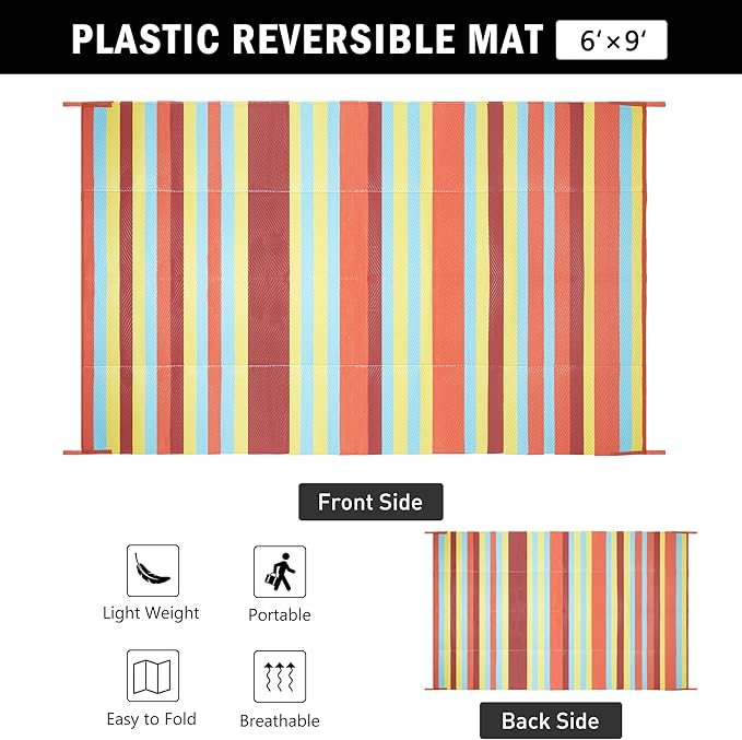Outdoor Waterproof Rug 6'x9' Plastic Straw Rugs Washable Reversible Floor Mat Rainbow Stripe Carpet for Camping RV Deck Entryance Porch Picnic Balcony Beach Backyard