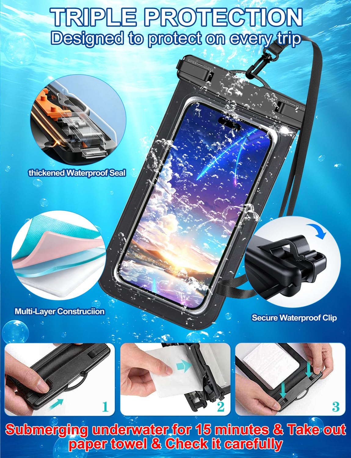 Famoby 5 Pack Multicolor Waterproof Phone Pouch, Cell Phone Case Dry Bag,Protection Level: IP68,Beach Cruise for iPhone,Samsung,and More,Lanyard Included,(Fits Up to 8.3"),Black,Blue,Pink,Orange,Green