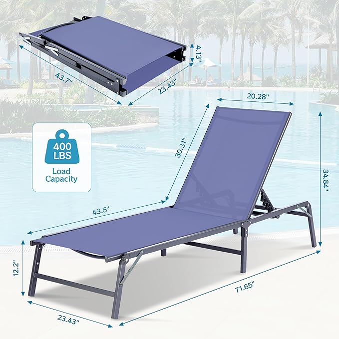 Outdoor Chaise Lounge Chair, Foldable & Assemble-Free, 6 Adjustable Positions, Durable Rust-Resistant Frame, Portable Outdoor Pool Lounge Chairs for Pool Patio Beach, Blue