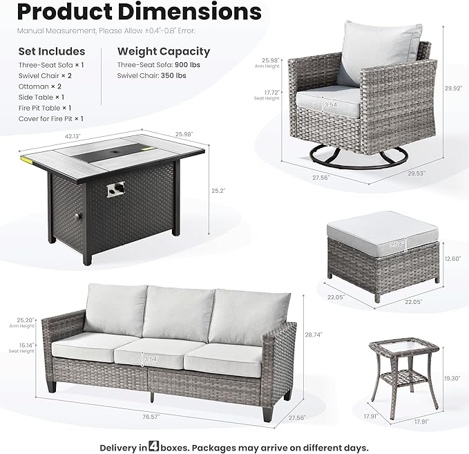 ovios 7 Pieces Patio Furniture Set with 42" Fire Pit Table, Outdoor Wicker Sofa with Swivel Chairs, All Weather High Back Rattan Couch Conversation Set, Grey