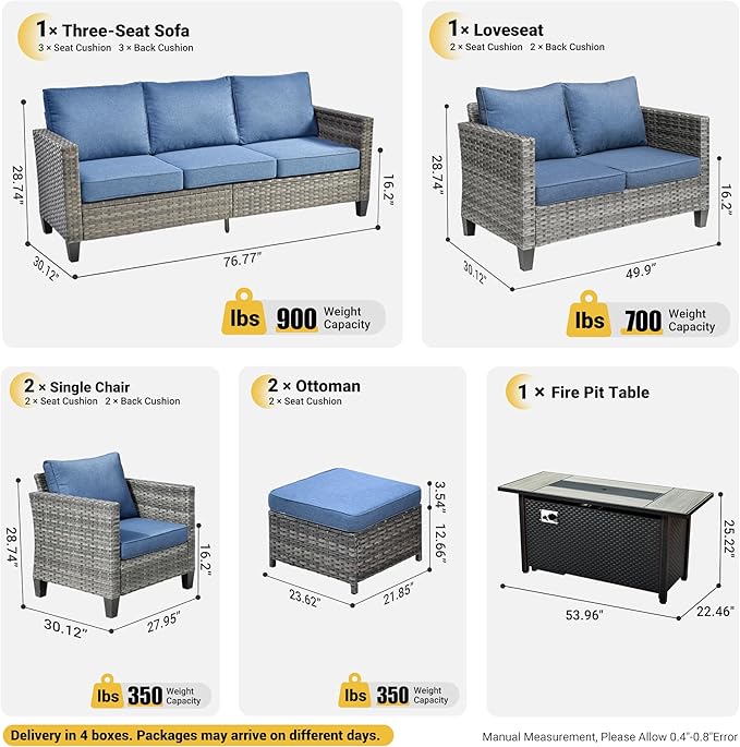 ovios 7 Pieces Patio Furniture Set with 54" Fire Pit Table, Outdoor Wicker Sofa with Comfy Cushions, All Weather High Back Rattan Couch Conversation Set, Denim Blue