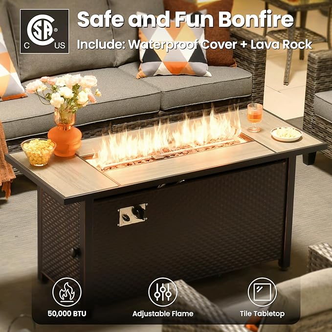 ovios 8 Pieces Patio Furniture Set with 54" Fire Pit Table, Outdoor Wicker Sofa with Comfy Cushions, All Weather High Back Rattan Couch Conversation Set, Dark Grey