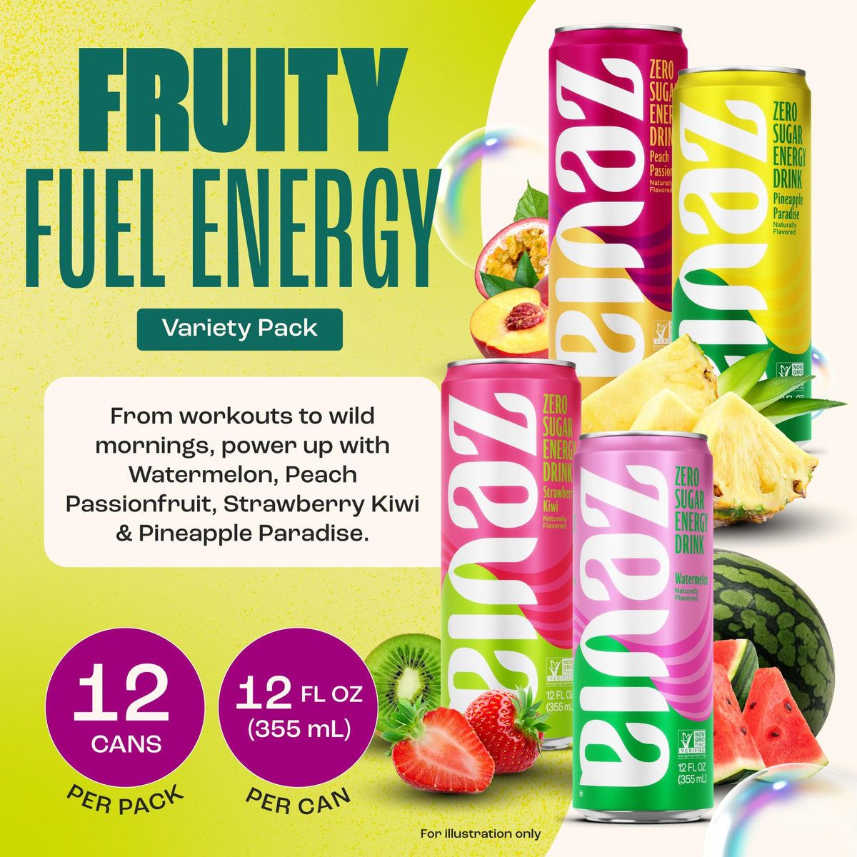 Zevia Zero Sugar Energy Drink, Fruity Fuel Variety Packs, 12 oz Cans - Naturally Sweetened, Non-GMO Project Verified, Gluten-Free, Vegan, (Pack of 24)
