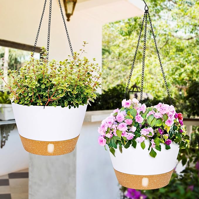 QCQHDU 2 Pack Hanging Planters for Indoor Outdoor Plants, 8 Inch Hanging Baskets Flower Pots with Reservoir Tray & Visible Water-Level