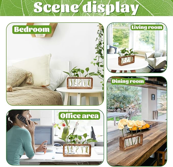 Glass Plant Propagation Station with 5 Test Tubes Planter Vase with Wooden Stand Birthday Gifts for Women Mom Plant Lovers
