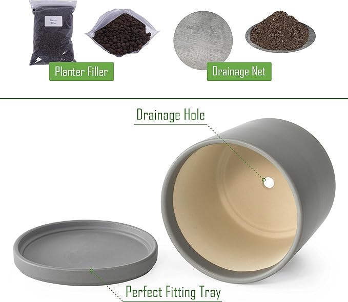 D'vine Dev 8 Inch Ceramic Planter Pot with Drainage Hole and Saucer, Indoor Cylinder Round Planter Pot, Grey, 94-O-D-3