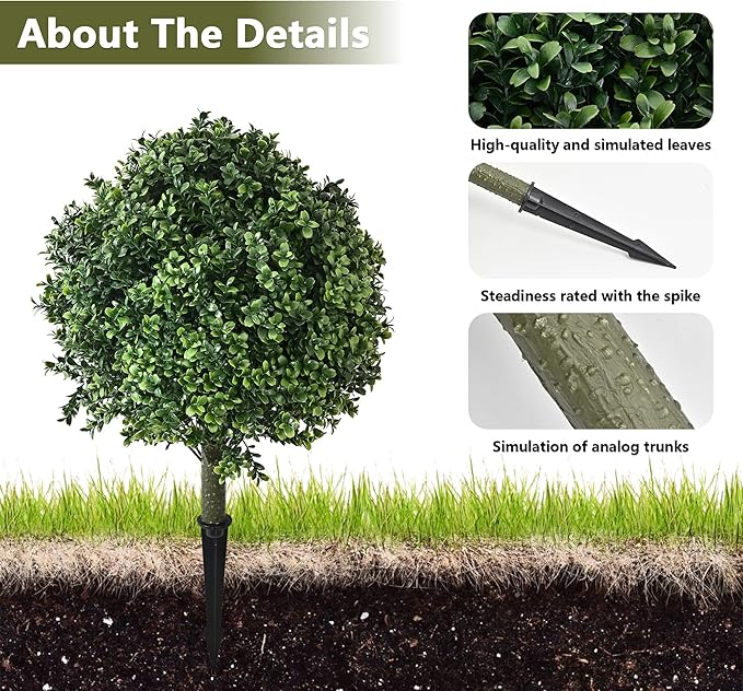 28" Artificial Boxwood Topiary Ball Trees with Ground Spike for Outdoor,Set of 2 UV Resistant Artificial Shrub Bushes,Artificial Plants,Fake Boxwood Plants for Indoor, Garden, Yard,Patio Décor