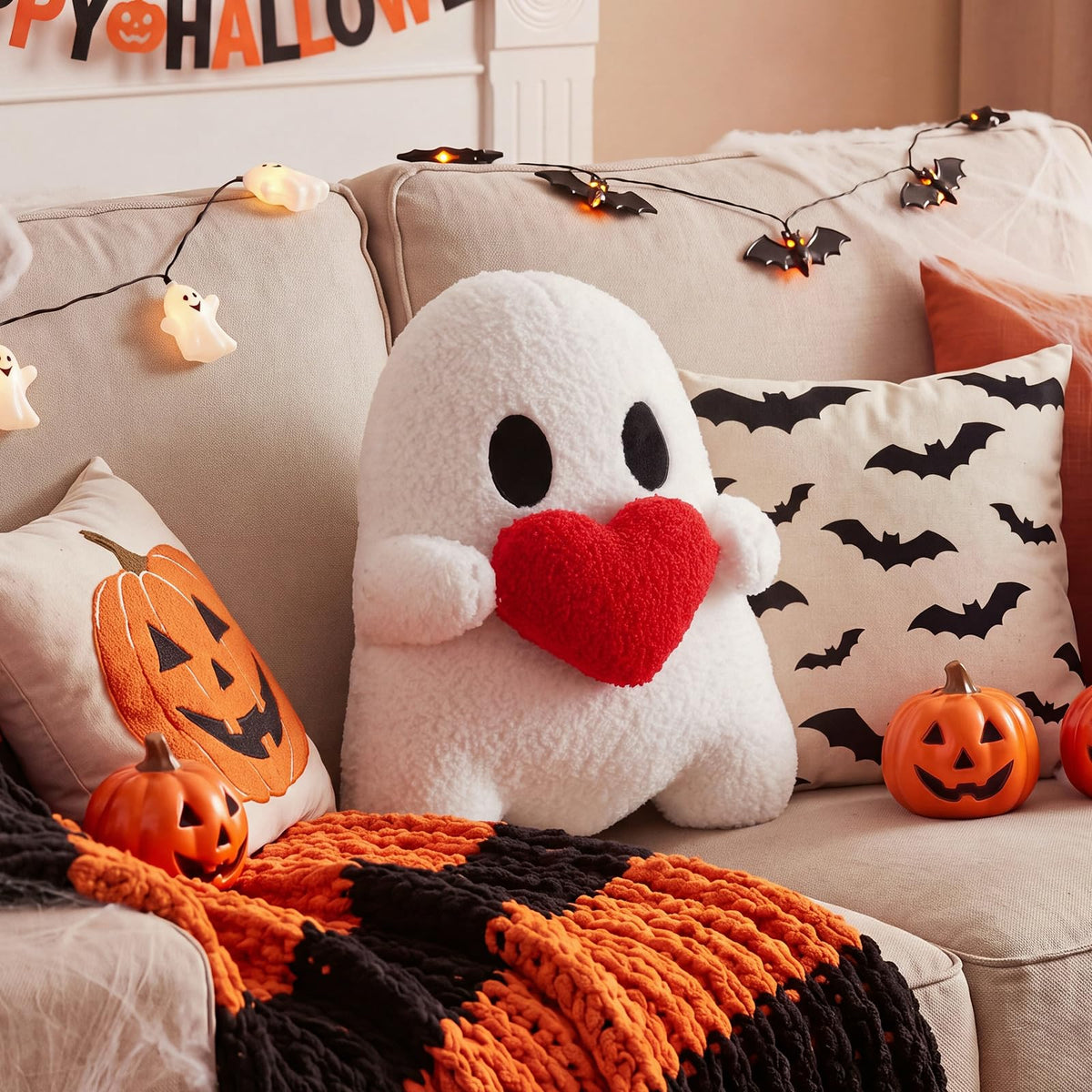 Threehoney Halloween Ghost Throw Pillow with Red Heart Gothic Pillows