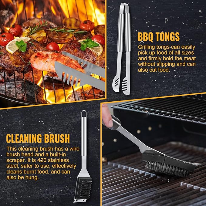 BBQ Grill Tools Set 16-inch Heavy Duty, 3 Pcs - Barbecue Utensils Kit for Camping, Kitchen, Outdoor Cooking,Suitable as a Gift for Men, Fathers, Friends