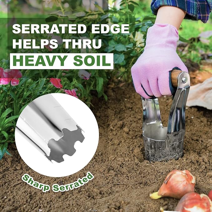 Haliaeetus Bulb Planter Tool, 4 inches Depth Mark Hand Bulb Planter, Non-Bending Stainless Steel Bulb Planter Digger, Garden Bulb Transplanter with Comfortable Wood Handle for Planting Tulip, Daffodil