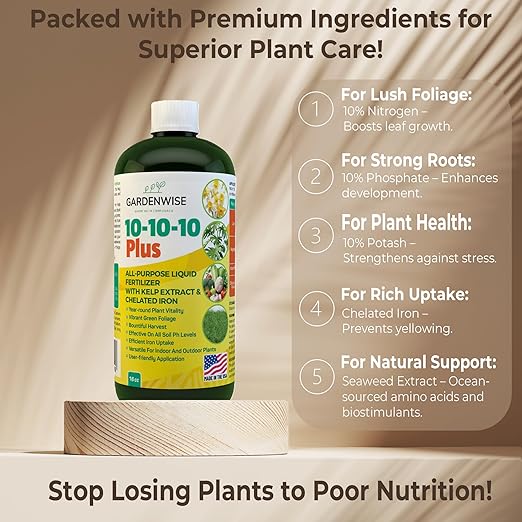 10-10-10 Fertilizer for All Purpose Plants - Liquid Fertilizer with Seaweed Kelp & Iron - Plant Food Outdoor & Indoor Plant Food, Vegetables,Flowers, Lawn & Garden 10 10 10 Fertilizer 16 oz