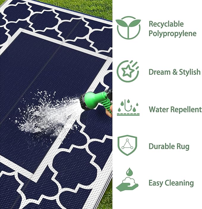GENIMO 9' x 12' Outdoor Rug Waterproof for Patio Decor, Foldable Reversible Plastic Straw Area Rugs Mat for Camper, Outside Carpet for Rv, Deck, Porch, Picnic, Beach, Balcony, Blue & White