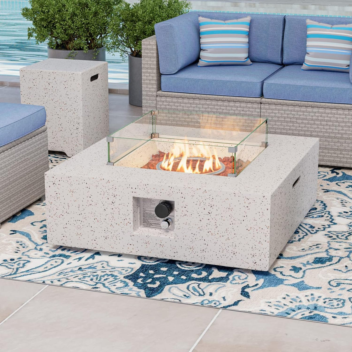 COSIEST 35-inch Square Outdoor Sandstone Propane Fire Pit w Wind Guard and Side Table, CSA Certified, 50,000 BTU Stainless Steel Burner, Free Lava Rocks and Rain Cover, Metal Lid(Beige)