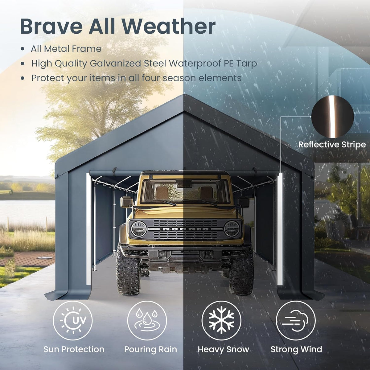 PHI VILLA 13'x24'x9.6' Outdoor Portable Storage Shelter Shed Garage with Roll up Zipper Doors & Vents Carport for Motorcycle Waterproof and UV Resistant Anti-Snow Portable Garage Kit Tent, Gray
