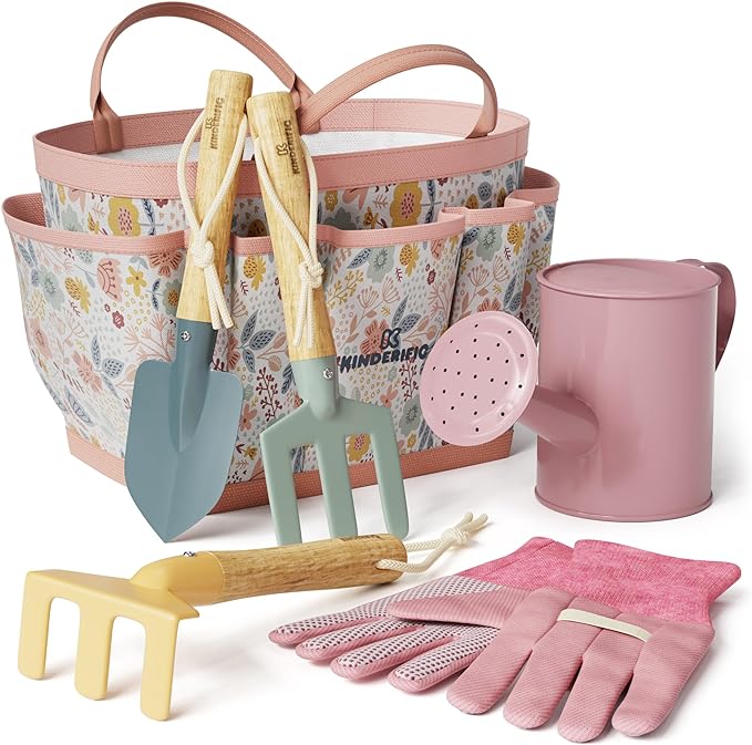 Gardening Set, Tool Kit, for Kids, STEM, Includes Tote Bag, Spade, Watering Can, Rake, Fork, Trowel and Gloves (Petal)