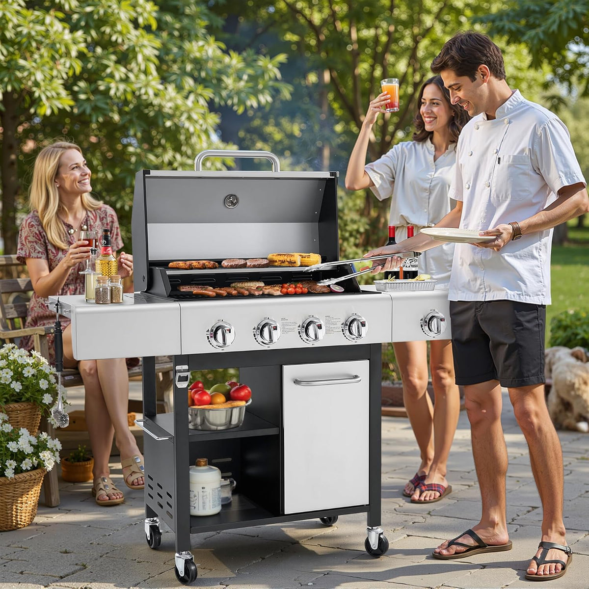 4-Burner Propane Gas Grill, Stainless Steel BBQ with 40,000 BTU, Foldable Side Shelves, Porcelain-Coated Grates, Ideal for Patio & Backyard Cooking (4&1 Burner)