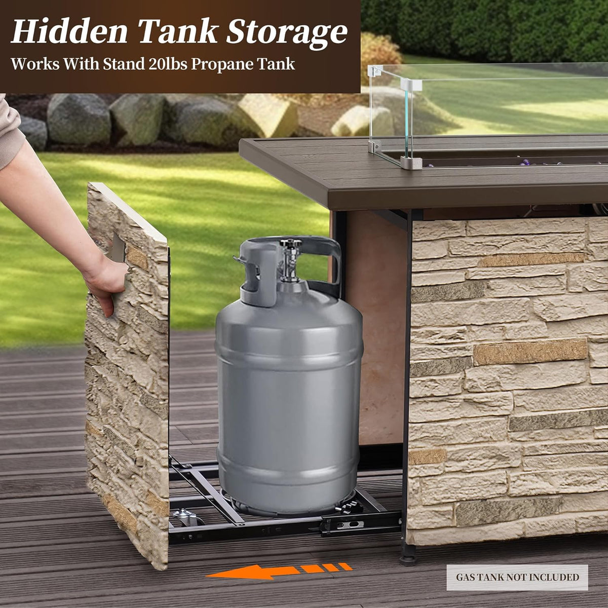 43¡± Propane Fire Pit Table Outdoor Rectangular Stone Firepit Table 50,000 Btu Propane Fire Tables for Outside Patio with Glass Wind Guard, Lid, Fire Glass Beads,Buff Rock Look