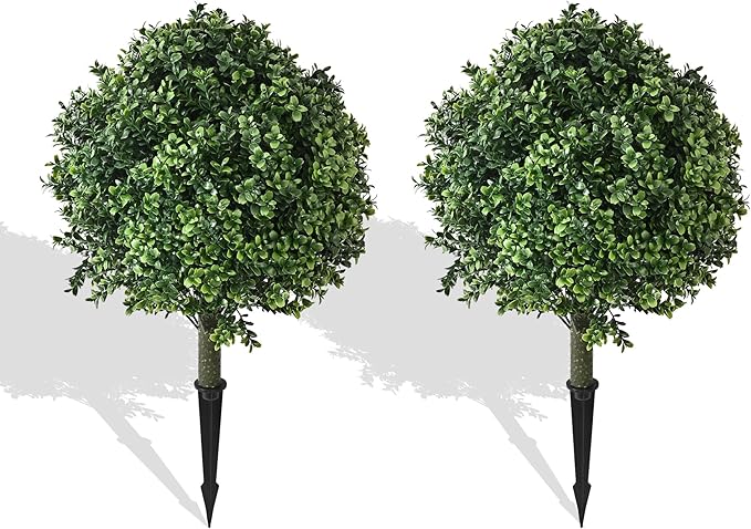28" Artificial Boxwood Topiary Ball Trees with Ground Spike for Outdoor,Set of 2 UV Resistant Artificial Shrub Bushes,Artificial Plants,Fake Boxwood Plants for Indoor, Garden, Yard,Patio Décor