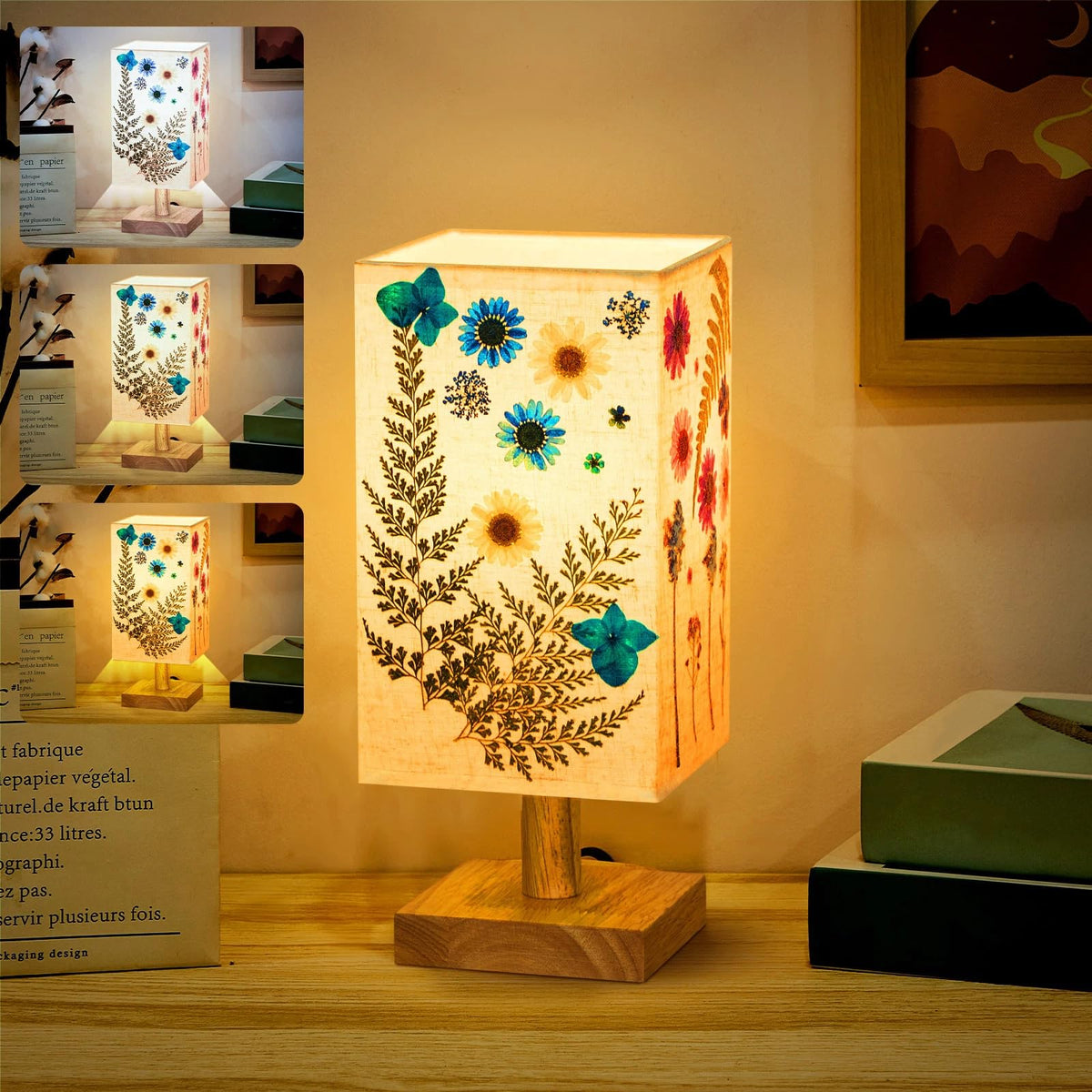 Hortsun Pressed Flower Vintage Table Lamp,Rectangle