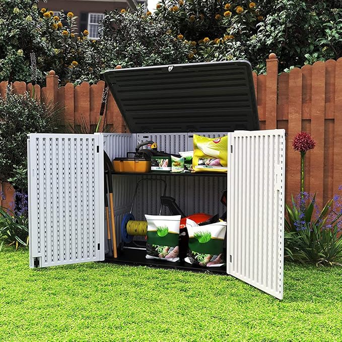 KINYING Larger Outdoor Storage Shed Weather Resistance, Horizontal Outdoor Storage Box Waterproof for Garden, Patios, Backyards, 48 Cu.ft Capacity for Garbage Cans, Lawn Mower, Garden Tools