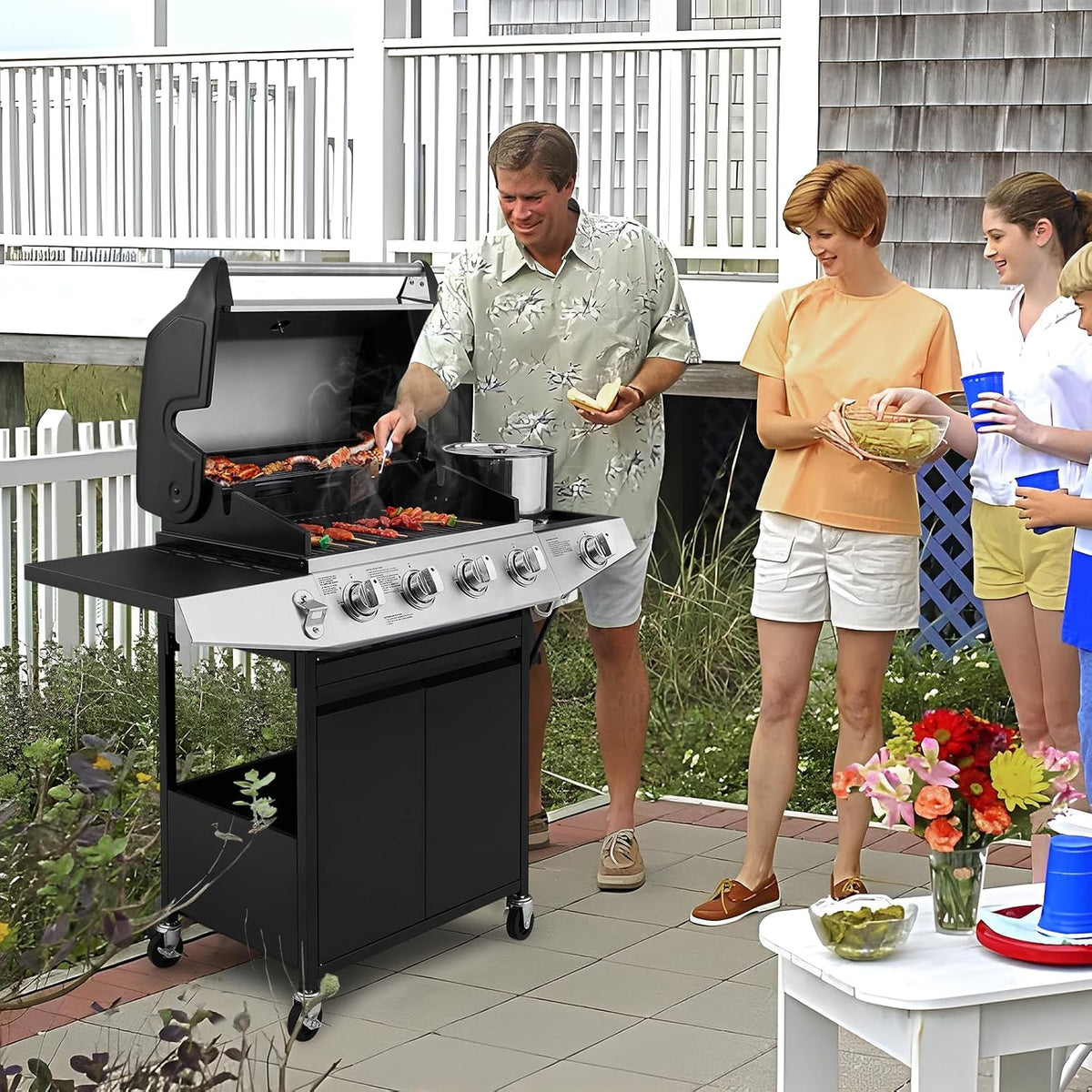 4 Burners Gas Grill with Side Burner, Propane Grill with Wheels and Storage, Outdoor Gas BBQ with Oil Tray and Thermometer for Patio and Party, 49200 BTU