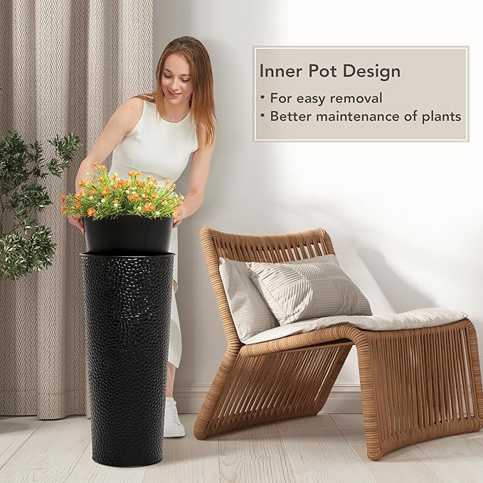 KOL 28" H. Tall Metal Cone Planters with Inside Pots 2-Pack, Black Hand-Hammered Large Decor Planter for Deck, Patio, Porch - Handcrafted Flower Pot - with Water Level Indicator - Indoor Outdoor Use