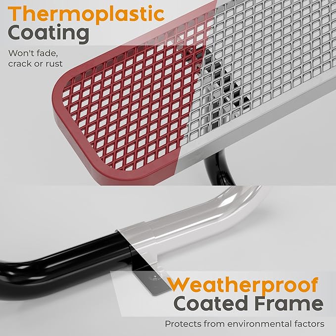 Metal Picnic Tables for Outdoors with Umbrella Hole - Coated Steel Heavy Duty Commercial Grade Table with Adjustable Seats (Red, 46 in, Square with Back, Expanded Steel)