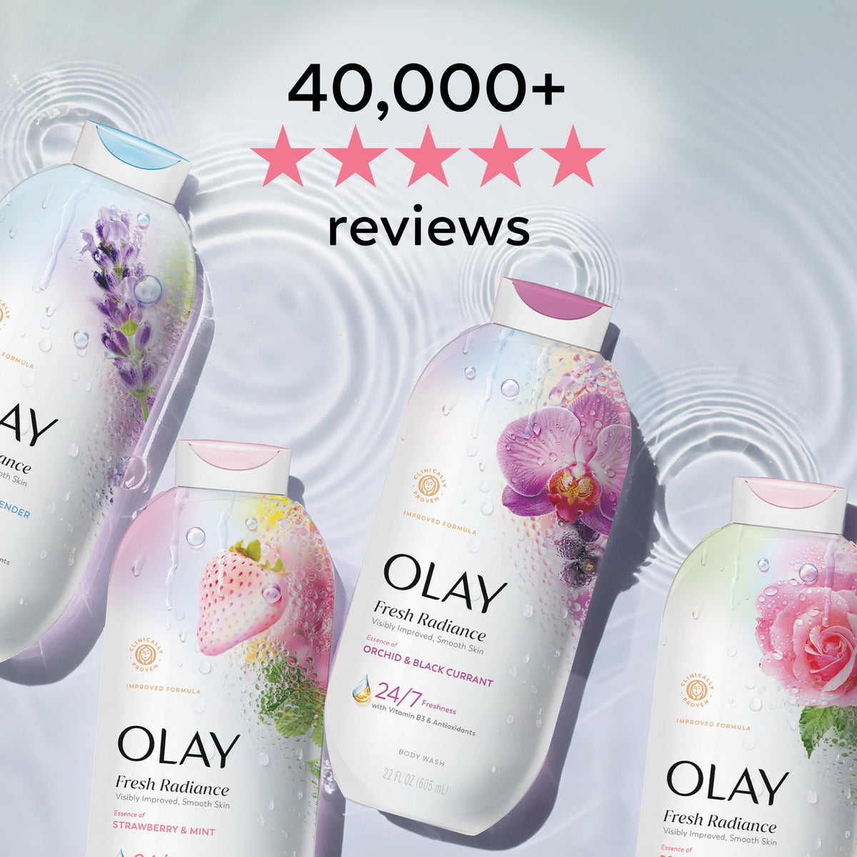 Olay Body Wash for Women, Fresh Radiance, 24/7 Skin-Loving Freshness, Visibly Radiant, Plant Based Cleansers, Vitamin B3 & Antioxidant Blend, For All Skin Types, Strawberry & Mint Scent, 29 fl oz