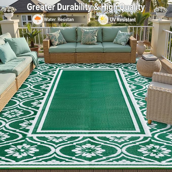 Plastic Outdoor Rug 6'x9' Waterproof Camping Carpet Outside Area Rug Reversible Green Rugs for RV Deck Entryance Porch Picnic Balcony Beach
