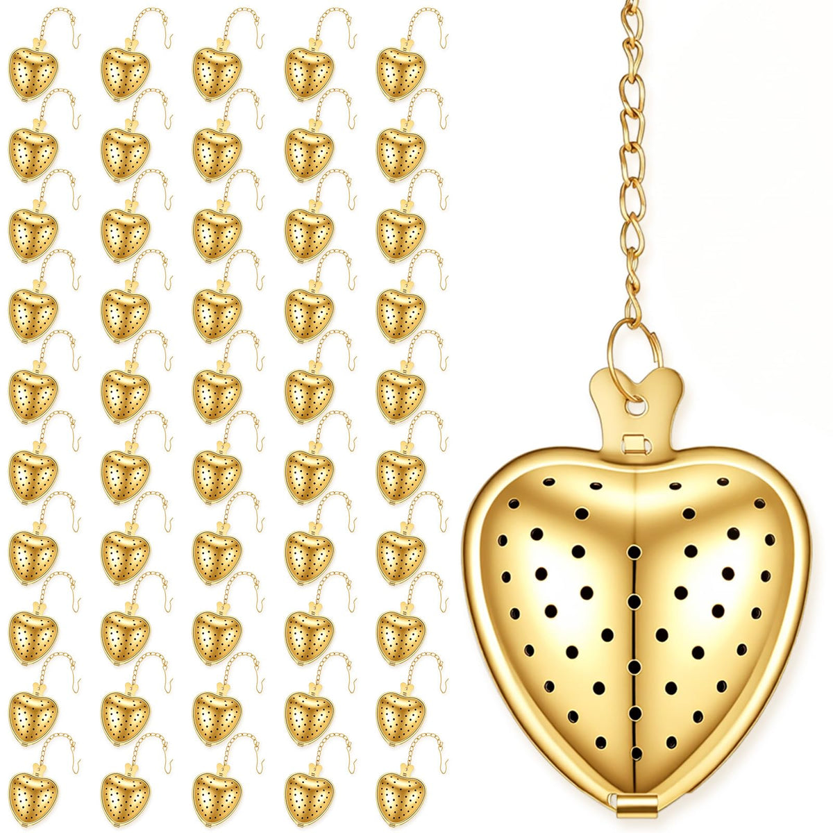 50pcs Heart Shaped Tea Strainers for Loose Tea Filter, Stainless Steel Tea Strainer Ball Infuser Tea Steeper Mesh Filters with Extended Chain Chain Hook for tea party Seasonings Cup Bottle(Gold)