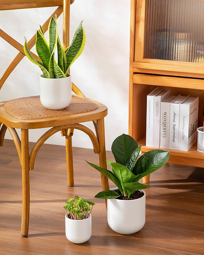 vancasso Ceramic Plant Pots, 4+5+6 inches, Set of 3, Planters with Drainage Hole, Flower Pots Planters Pots for Indoor Plants, Modern Indoor Decorative Garden Pot, Home Decor, White