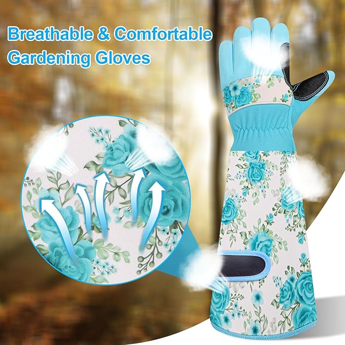 DLY Gardening Gloves for Women, Rose Gloves Gardening Thorn Proof, Long Garden Gloves for Women, Breathable & Durable Leather Gauntlet(Medium, Light Blue)