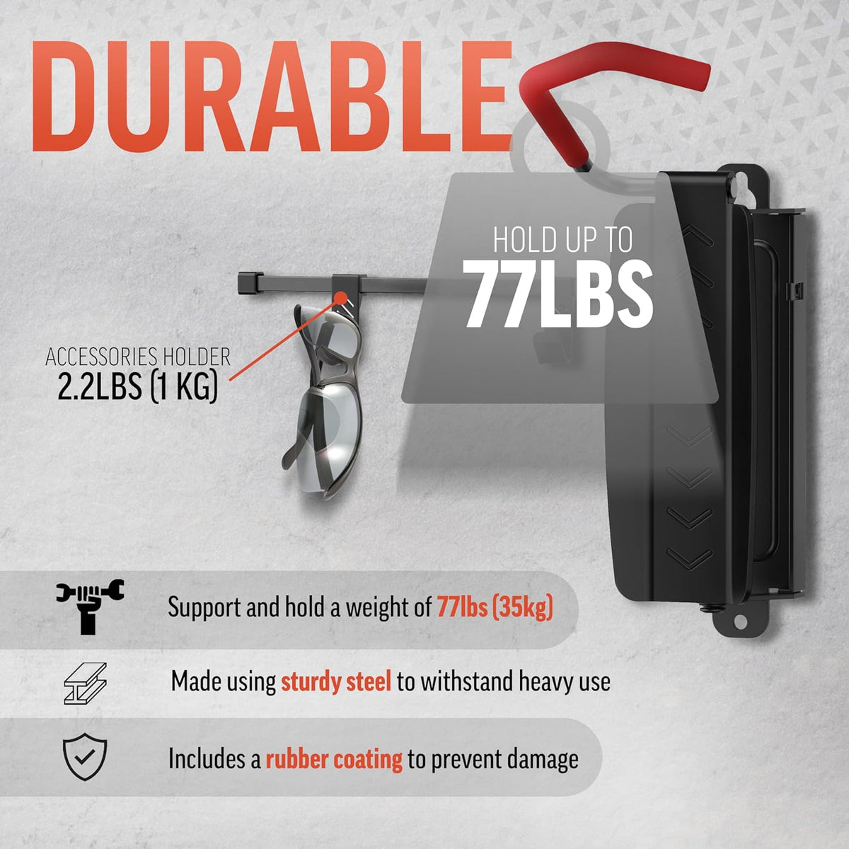 STELLARMOUNTS Bike Wall Mount - Wheel Hook Bracket - Industrial Class Bikcycle Rack Holds Up to 77 lbs - Secure Bike Storage Can be Mounted on Indoor/Outdoor Walls, Black/Red