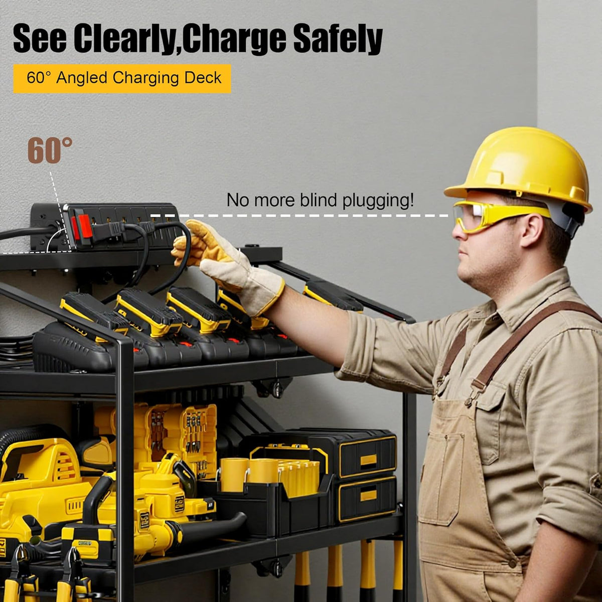 Heavy Duty Power Tool Organizer Wall Mount, 3 Layers Storage Rack with 6 Cordless Drill Holders, Garage Tool Organizer Storage for Workshop Shed, Charging Station Shelf, Father/Men Gifts
