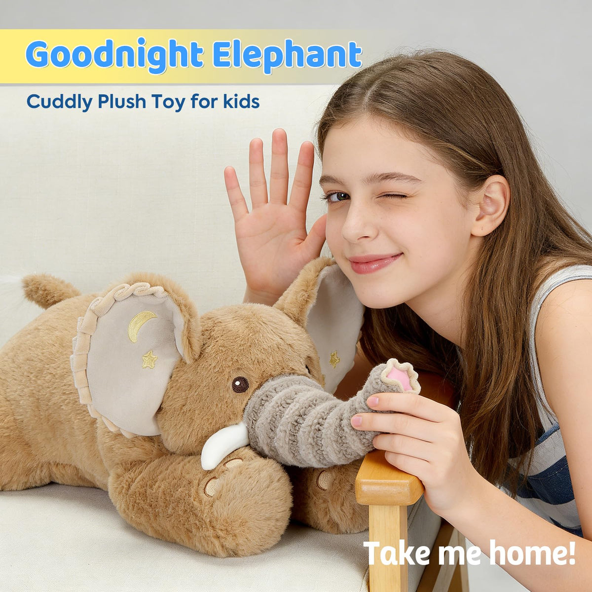 PEACH CAT Goodnight Elephant Stuffed Animal 19.7" Cute Elephant Plush Soft Plushies Toys Gifts for Kids Brown