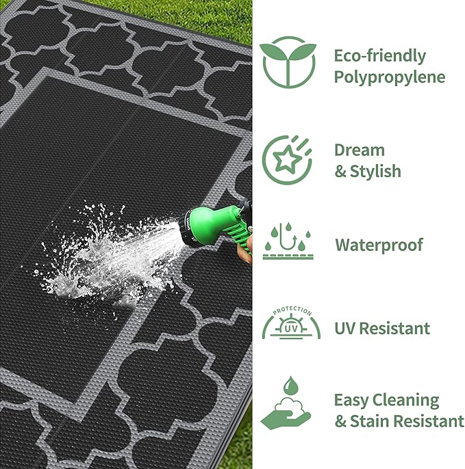 GENIMO Outdoor Rug 9' x 12' Waterproof for Patio Decor, Reversible Plastic Straw Area Rugs Mat for Camper, Outside Carpet for Camping, Rv, Deck, Porch, Picnic, Beach, Balcony, Black & Grey