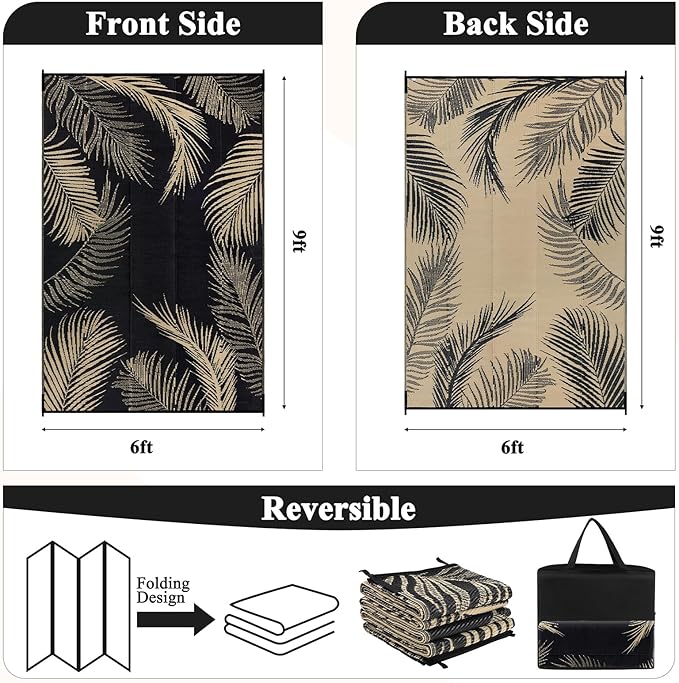 Pauwer Waterproof Outdoor Rug 6x9, Reversible Plastic Straw Patio Camping Rug, Indoor Outdoor RV Mat Carpet for Deck, Camper, Porch, Balcony, Backyard, Picnic, Leaf Black Brown
