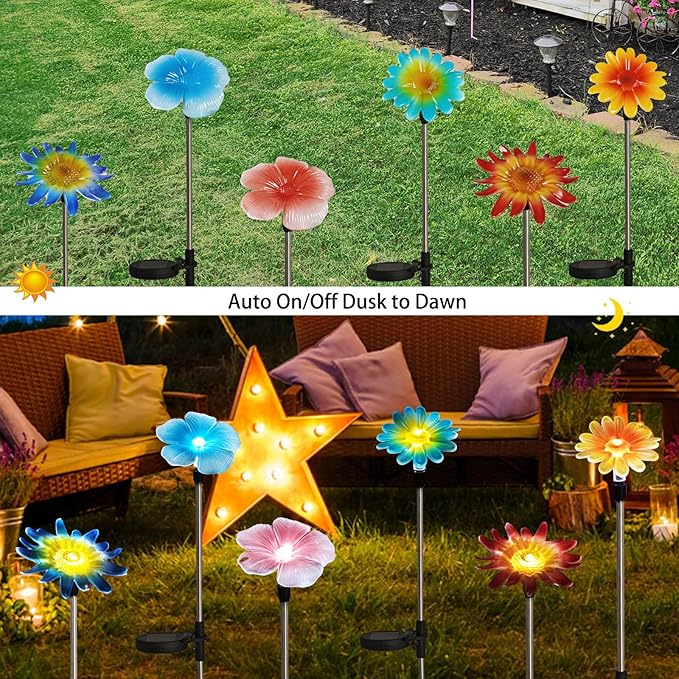 Solar Garden Outdoor Lights Decor,6 Pack Stake Yard Figurine Colorful Flower Light for Outside Pathway, Garden, Lawn, Patio, Driveway