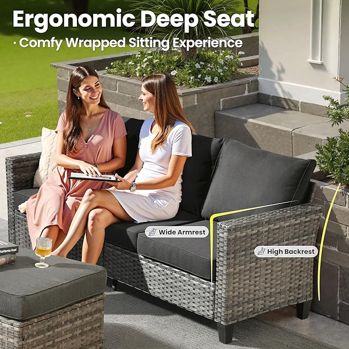 ovios 8 Pieces Patio Furniture Set with 30" Fire Pit Table, Outdoor Wicker Sofa with Comfy Cushions, All Weather High Back Rattan Couch Conversation Set, Black