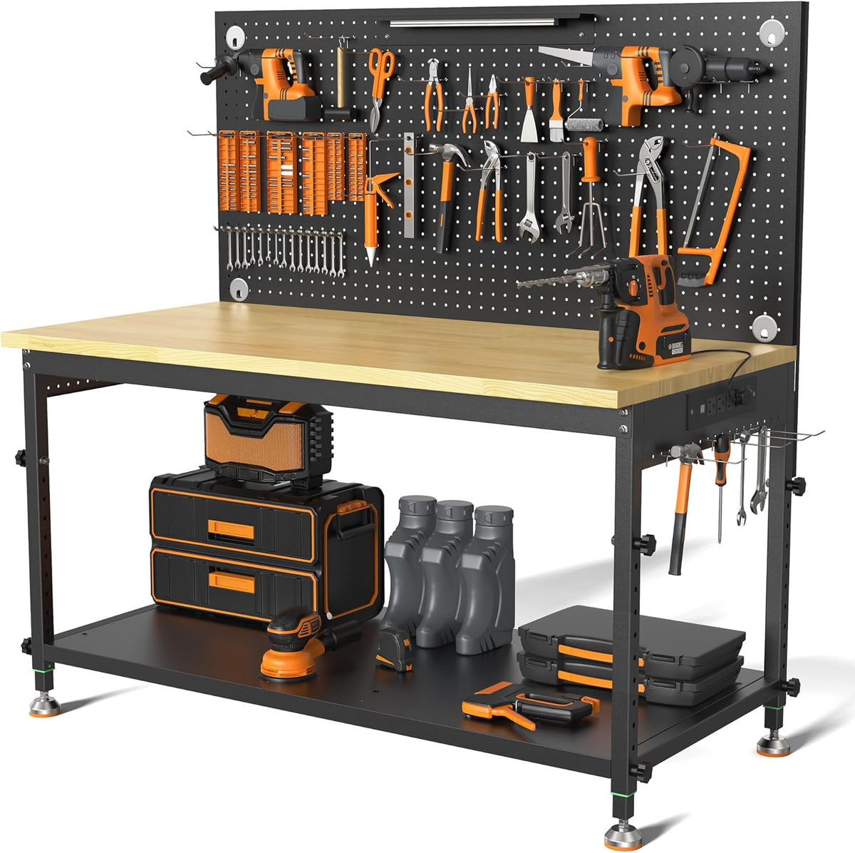 48" Heavy Duty Work Bench Adjustable Height Max Load 2000 LBS with Storage Shelf for Garage Workbench, Rubberwood Tabletop with Pegboard, LED Light, Built-in Power Strip for Woodworking Shop