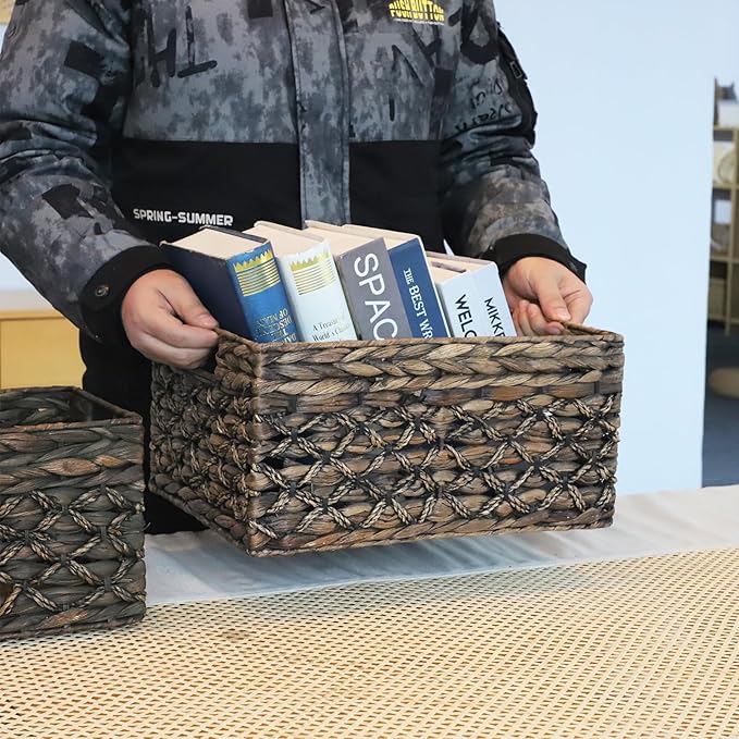 Rectangular Wicker Storage Basket, Dark Water Hyacinth Basket With Inside Handles Shelves Kitchen Office Desk (Large)