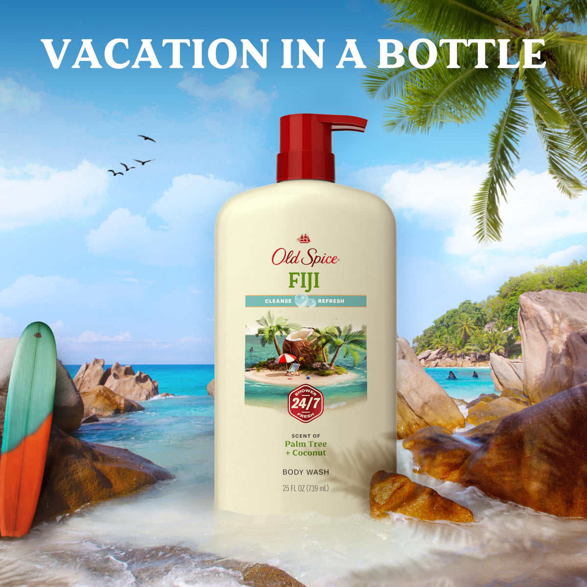 Old Spice Cleansing Body Wash for Men, 24/7 Shower Fresh with Lasting Scent, Cleanse & Refresh, Gentle on Skin, Vitamin B3, Fiji with Palm Tree + Coconut Scent, 25 oz (Pack of 4)
