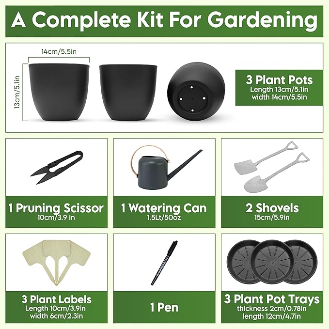 Indoor Garden Kit - Plant Pots with Drainage, Watering Can & Tools - Ideal Windowsill Planter Set - Modern Home & Kitchen Decor Gift - Black