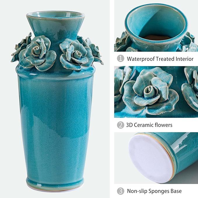 Handmade 3D Ceramic Flower Blue Bud Vase for Centerpieces, Decorative Blue Flower Vases for Wedding Reception, Home Decor, Living Room, Cottage Core Decor, Jarrones Decorativos para Sala 8.7 Inch
