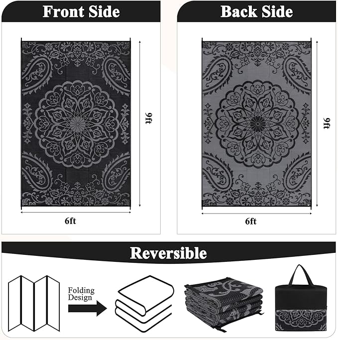 Pauwer Waterproof Outdoor Rug 6x9, Reversible Plastic Straw Patio Camping Rug, Indoor Outdoor RV Mat Carpet for Deck, Camper, Porch, Balcony, Backyard, Picnic, Boho Black Grey