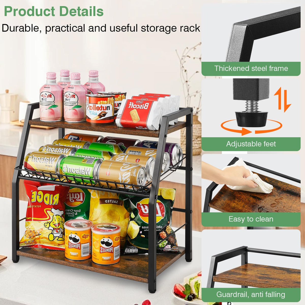 YIYYZI Kitchen Countertop Organizer, 3 Tiers Snack Organizer Wooden Candy Display Stand Coffee Station Organizer, Counter Storage for Soda Cans Condiment Tea, for Pantry Office