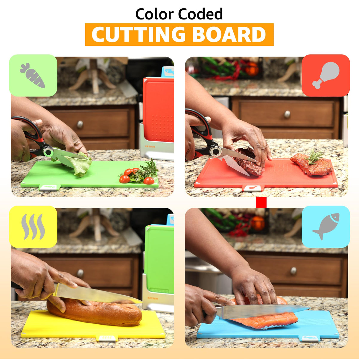 Cutting Board Set 12"L x 9"W: 4-Piece Color-Coded, Non-Slip, BPA-Free, Perfect kitchen essentials for new home, Dishwasher Safe with Premium Scissors & Chopping Board Organizer, Quality kitchen stuff.