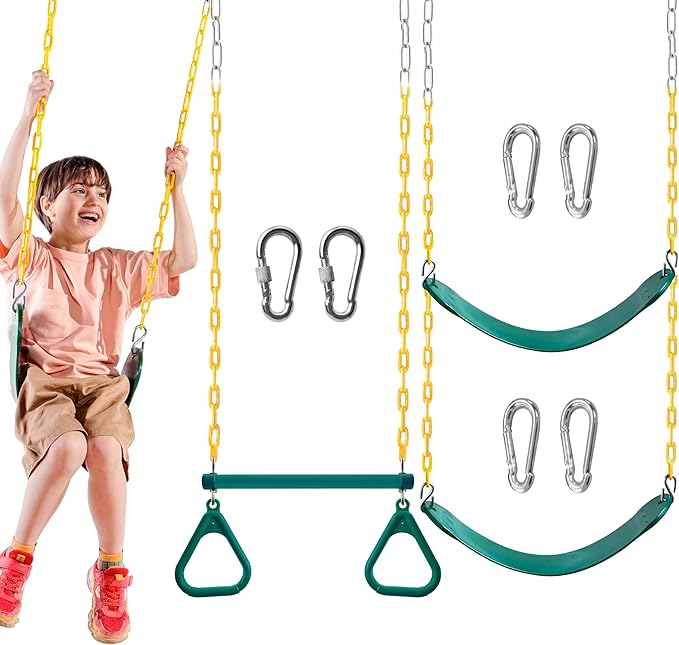 TURFEE 3 Pack Assorted Swing Set, Including 1 Gym Rings Trapeze Bar and 2 Pcs Swings with Plastic Coated Chain, Swingset Accessories Replacement for Kids Outdoor Play, Playground- Green