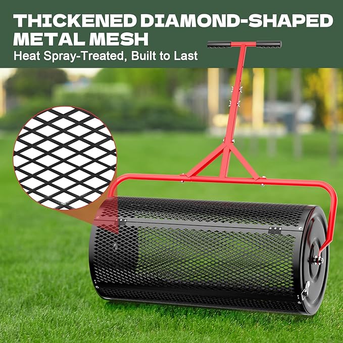 Compost Peat Moss Spreader for Lawn, 30 Inch Compost Roller Spreader with Adjustable T-Shaped Handle, Upgraded Side Clasps, Durable Lightweight Metal Roller, Lawn Garden Yard Care