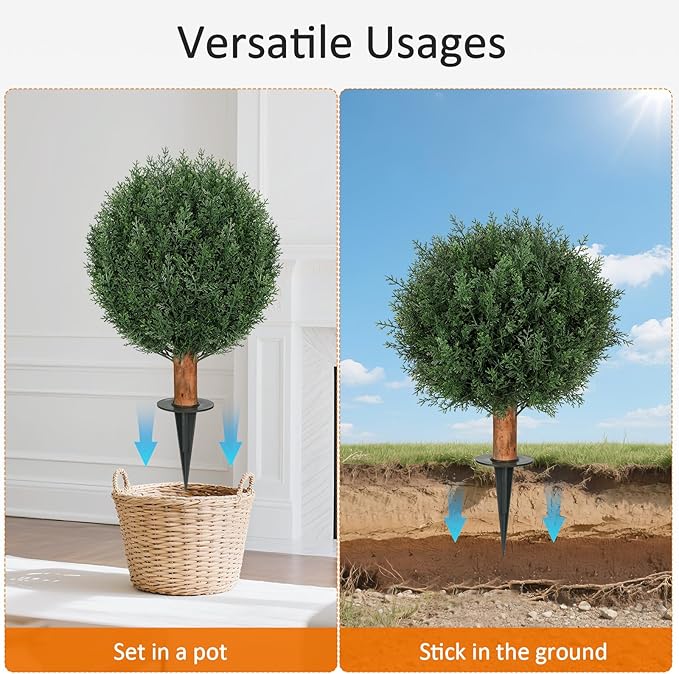 Artificial Cedar Topiary Ball Trees with Ground Spike Set of 2, 24.6 inch UV-Resistant Faux Shrubs for Indoor/Outdoor Decor – Fake Cypress Perfect for Garden, Porch, and Patio